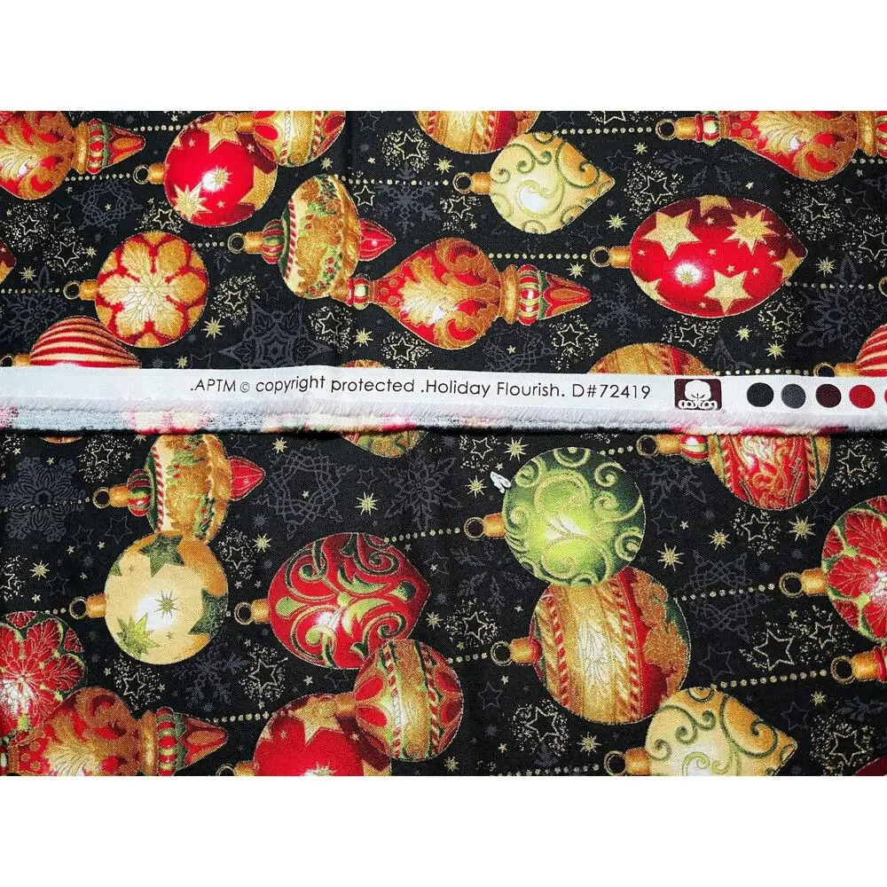 Holiday Flourish Cotton Fabric Metallic Accents on Black 1/2 yard | Destash